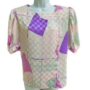 Vintage 80s Argenti Blouse Embossed Jacquard Squares Puff Sleeves Deadstock 10